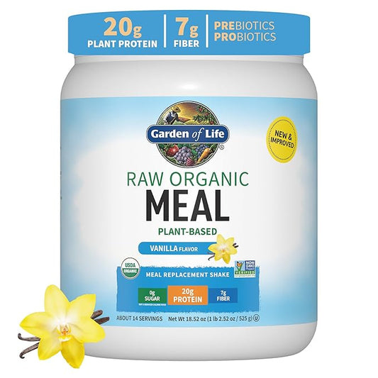 Garden of Life Meal Replacement Shakes, Raw Organic, Vanilla Protein Powder with Plant Based Pea Protein, Sprouts, Greens, Probiotics, Dairy Free 14 Servings