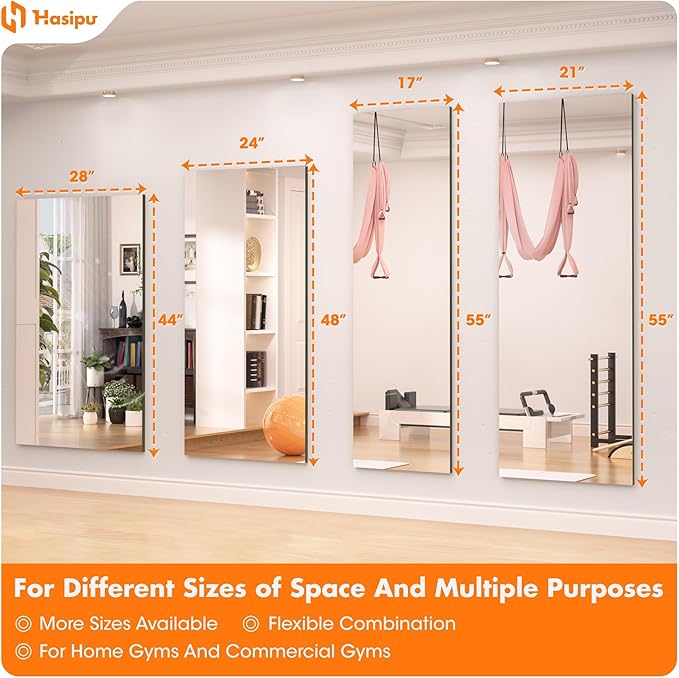 Hasipu Home Gym Mirror 48" L x 24" W - 3PCS Large Full Body Mirror for Yoga, Wall-Mounted Mirrors for Fitness, Garage, Dance Studio, 0.16in Tempered Glass Frameless
