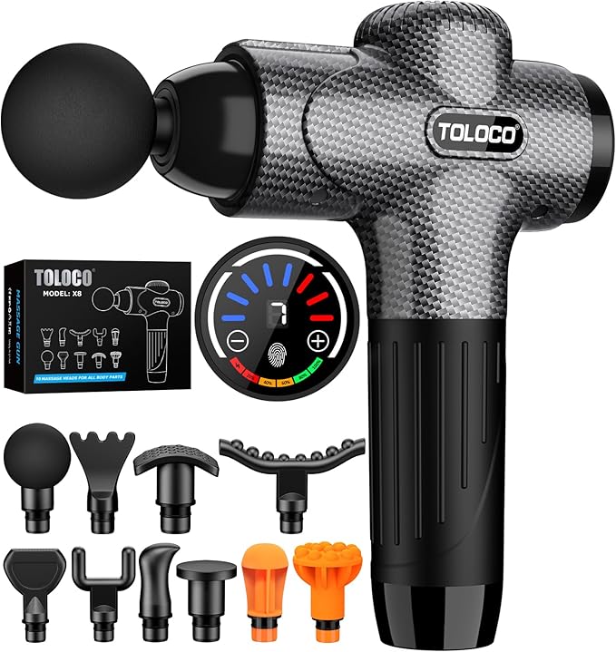TOLOCO Massage Gun, Upgrade Deep Tissue Back Massager with 10 Replacement Heads, Percussion Massage Guns for Athletes for Pain Relief, Super Quiet Electric Massager for Treatment, Relax, Carbon