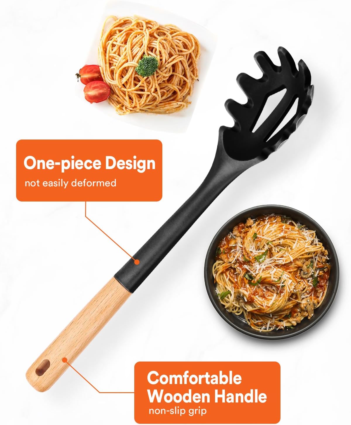 Silicone Pasta Fork, Kitchen Heat Resistant Noodle Spoon Server, BPA Free Spaghetti Strainer,12.8 inch (Black)