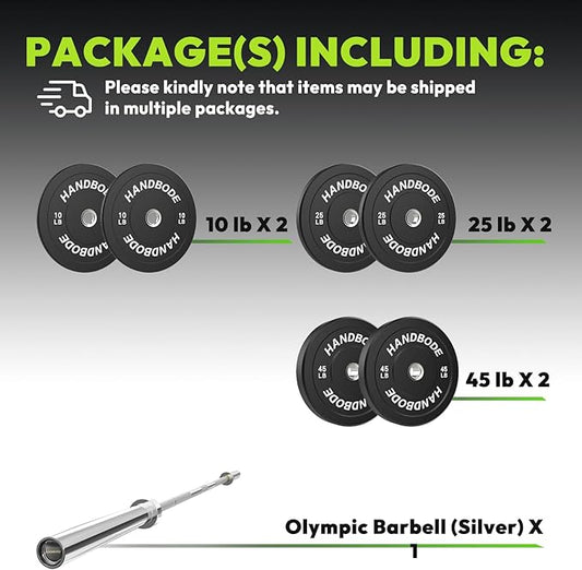 Olympic Bumper Plates Set 2 Inch, 10-55 lbs Rubber Weight Plates with 45 lb (20kg) Black/Silver Barbell, Strength Training & Weight Lifting for Home Gym