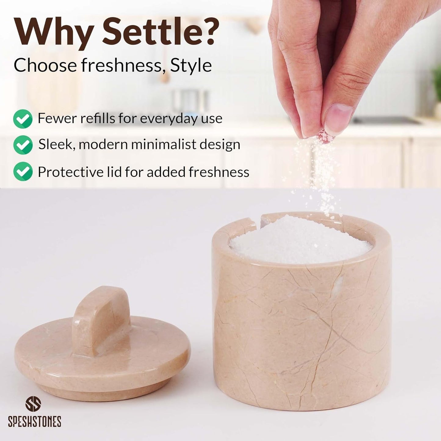 Marble Salt Cellar with Lid and Spoon 4 Inch Verona Handmade Spice Jars for Kitchen Storage - Flaky Salt Holder, Decorative Sugar Bowl & Small Seasoning Containers for Countertop Decor