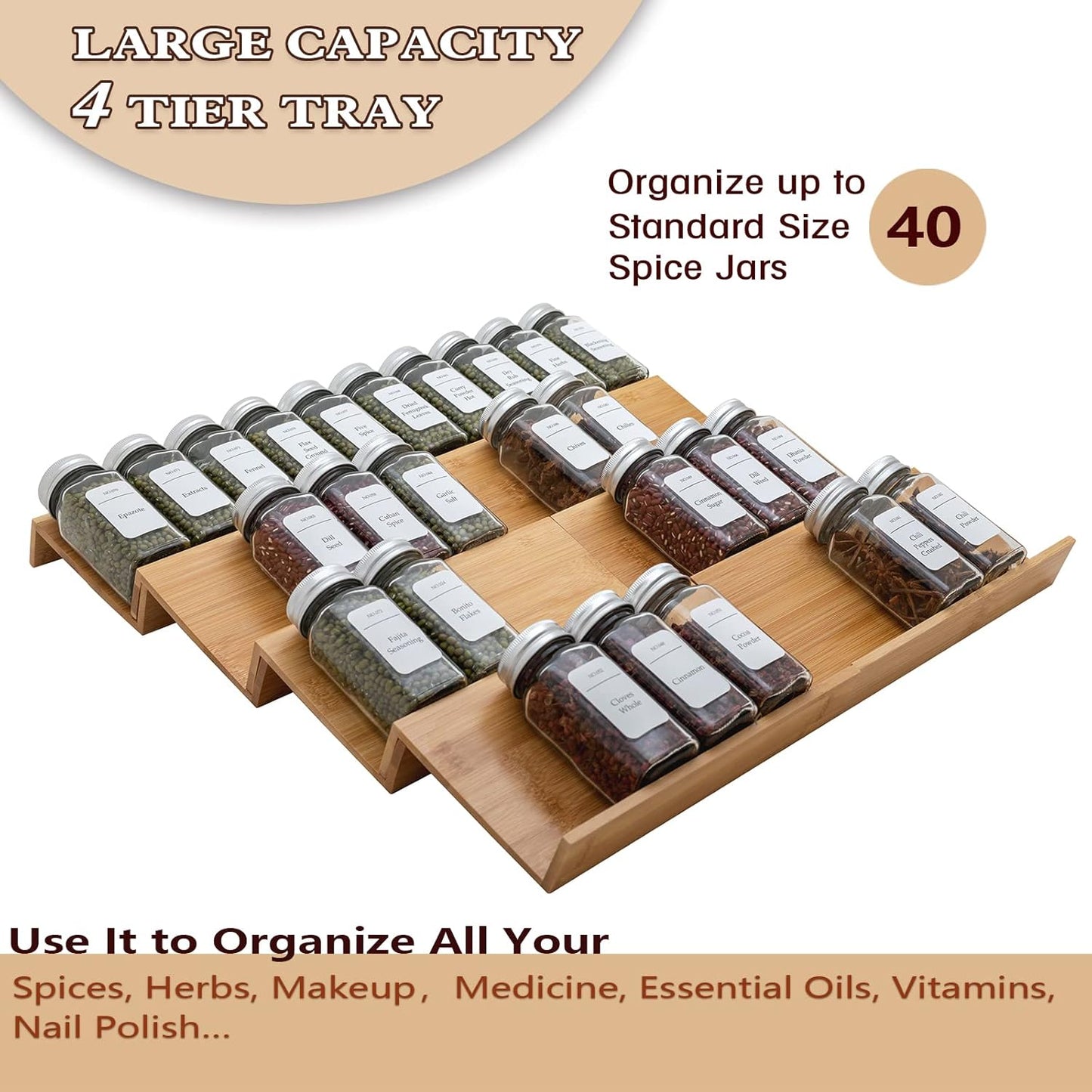 Bamboo Spice Rack Drawer Organizer - 8 Pieces Set- 9" Wide Per Piece - Combine Pieces Into 18" Wide Rack (9" or 18")