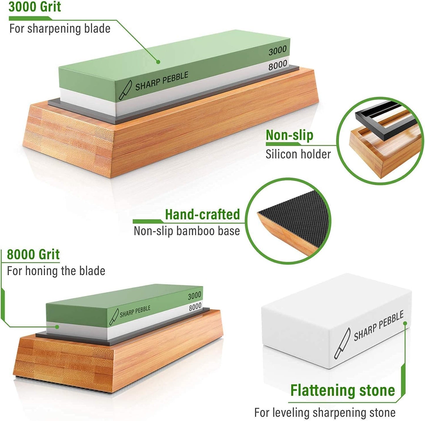 Sharp Pebble Knife Sharpening Stones Kit with 400/1000 and 3000/8000 Grit with Flattening Stone
