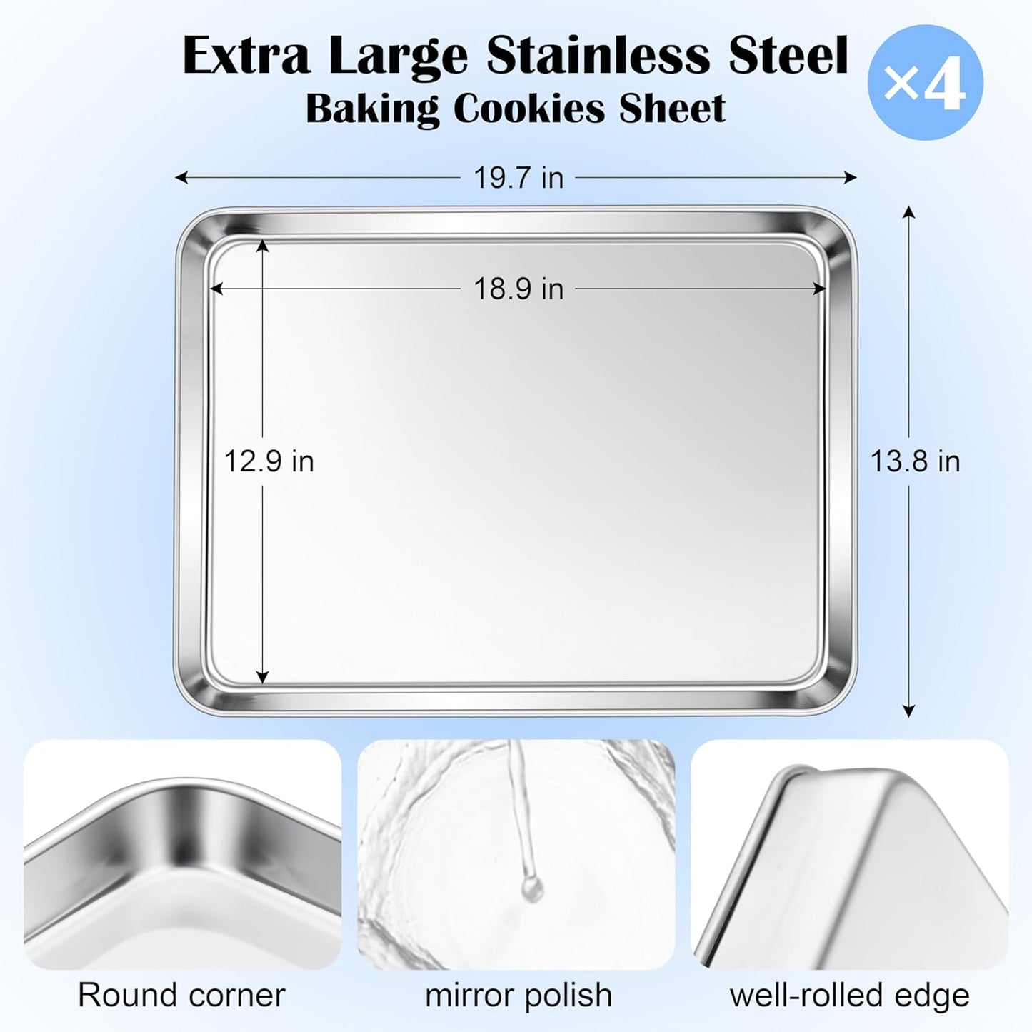 E-far Large Baking Sheets Set of 4, 20”x14” Stainless Steel Cookie Sheet Pans for Oven, Non Toxic Big Metal Baking Tray for Cake Cookies, Healthy & Rust Free, Mirror Finish & Dishwasher Safe