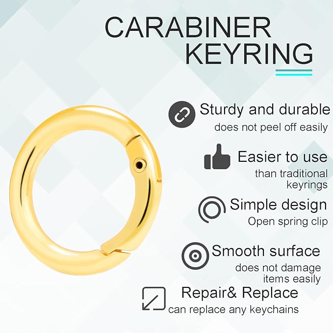 10 Pack 3/4 Inch Gold Round Carabiner Clips, Small Spring O Rings for Keyring Bag Pendant Keychain Clip