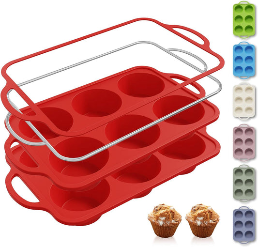 2 Packs 6 Cups Silicone Muffin Pan for Baking with Metal Reinforced Frame Jumbo Size Cupcake Pan Tray Egg Bites Silicone Circle Cookie Molds Muffin Tin Tart Pans Large Big Sheet Set for Breakfast
