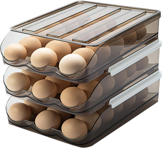 Egg Holder for Refrigerator Auto Scrolling Organizer Plastic Stackable Storage Container Reusable Clear Tray Box Basket Bin Lid Drawer Carrier Keeper(3 Layer)