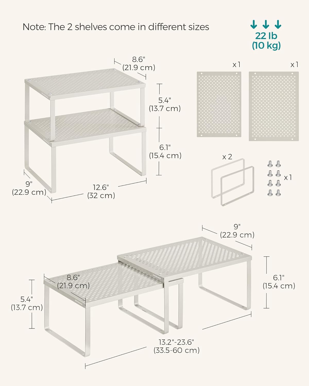 SONGMICS Spice Racks, Set of 2 Metal Cabinet Shelf Organizers, Countertop Organizers, Shelf Risers, Stackable, Expandable, Oatmeal Beige UKCS001K01
