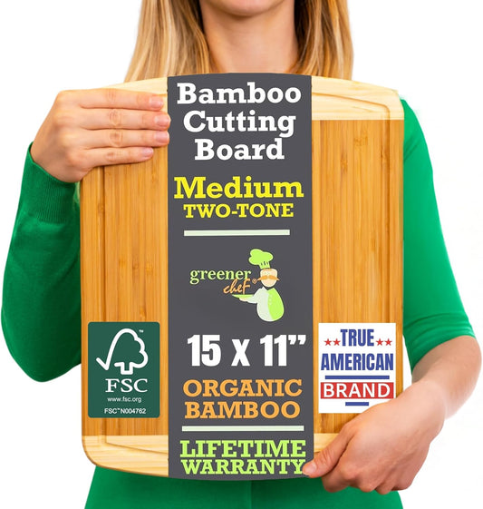 GREENER CHEF 15 Inch Medium Cutting Board with Lifetime Replacements, Bamboo Cutting Boards for Kitchen, Butcher Block, Medium Wooden Chopping Board for Meat, Veggies, Non Toxic Charcuterie Board