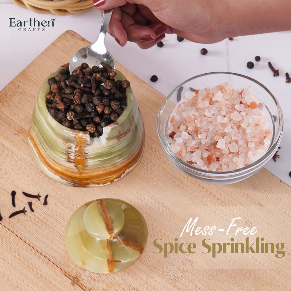 Marble Salt Cellar With Lid Green 3" Inches Salt Holder Seasoning & Spice Jar with Spoon Container, Modern Salt Keeper for Kitchen Countertop