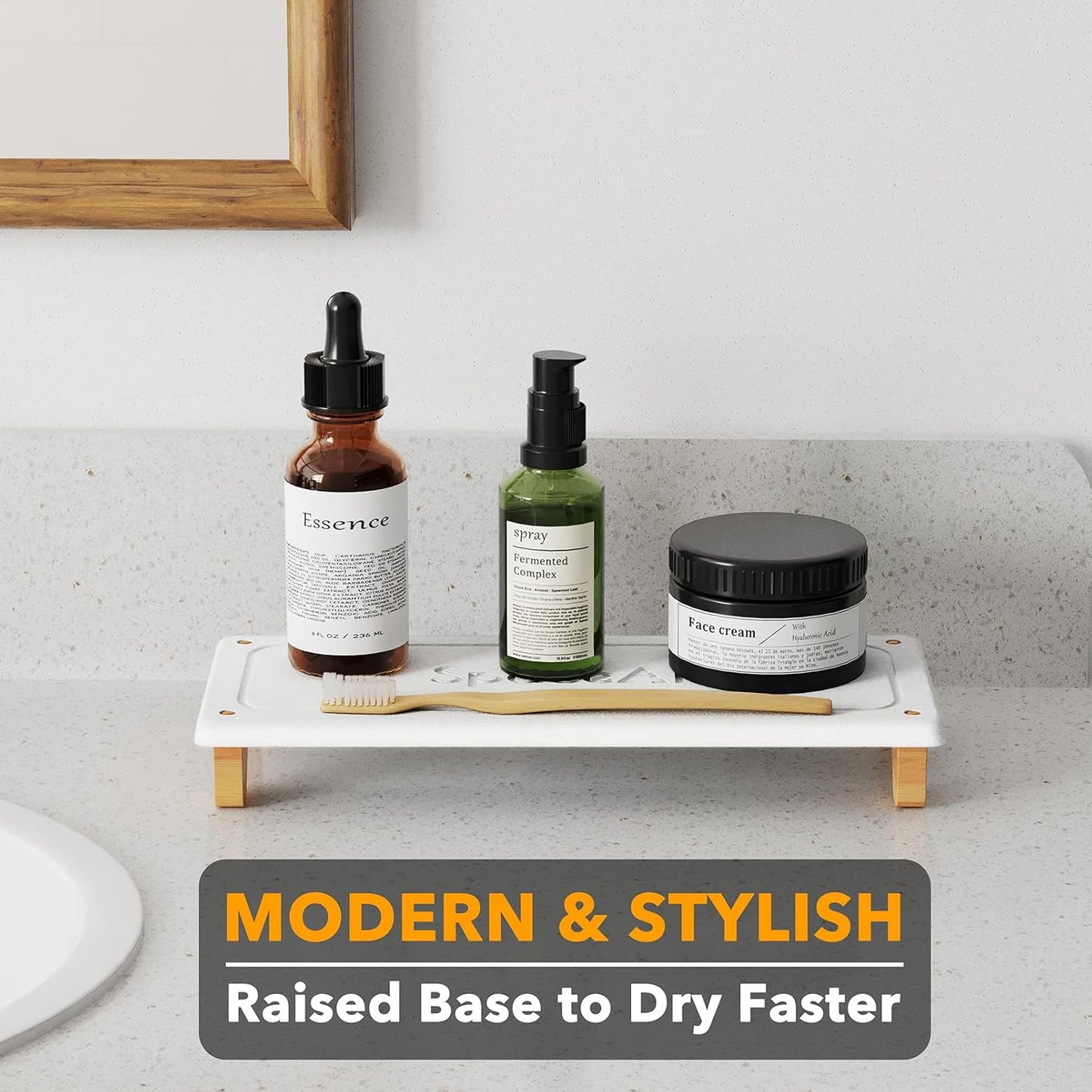 SpaceAid DryingNeat Sink Organizer, Instant Dry Sink Caddy Organizers, Kitchen Sponge Soap Holder Dispenser, Countertop Fast Drying Rack (Bamboo Feet, White)