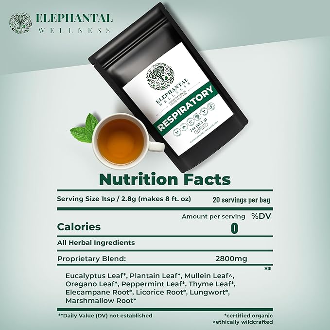 Elephantal Wellness Premium Respiratory Herbal Tea | Lung Detox, Mucus Cleanse & Breathing Support with Mullein, Eucalyptus, Thyme & Lungwort | Handmade, Caffeine-Free, Non-GMO Loose Leaf Blend, 2oz, 20 Servings