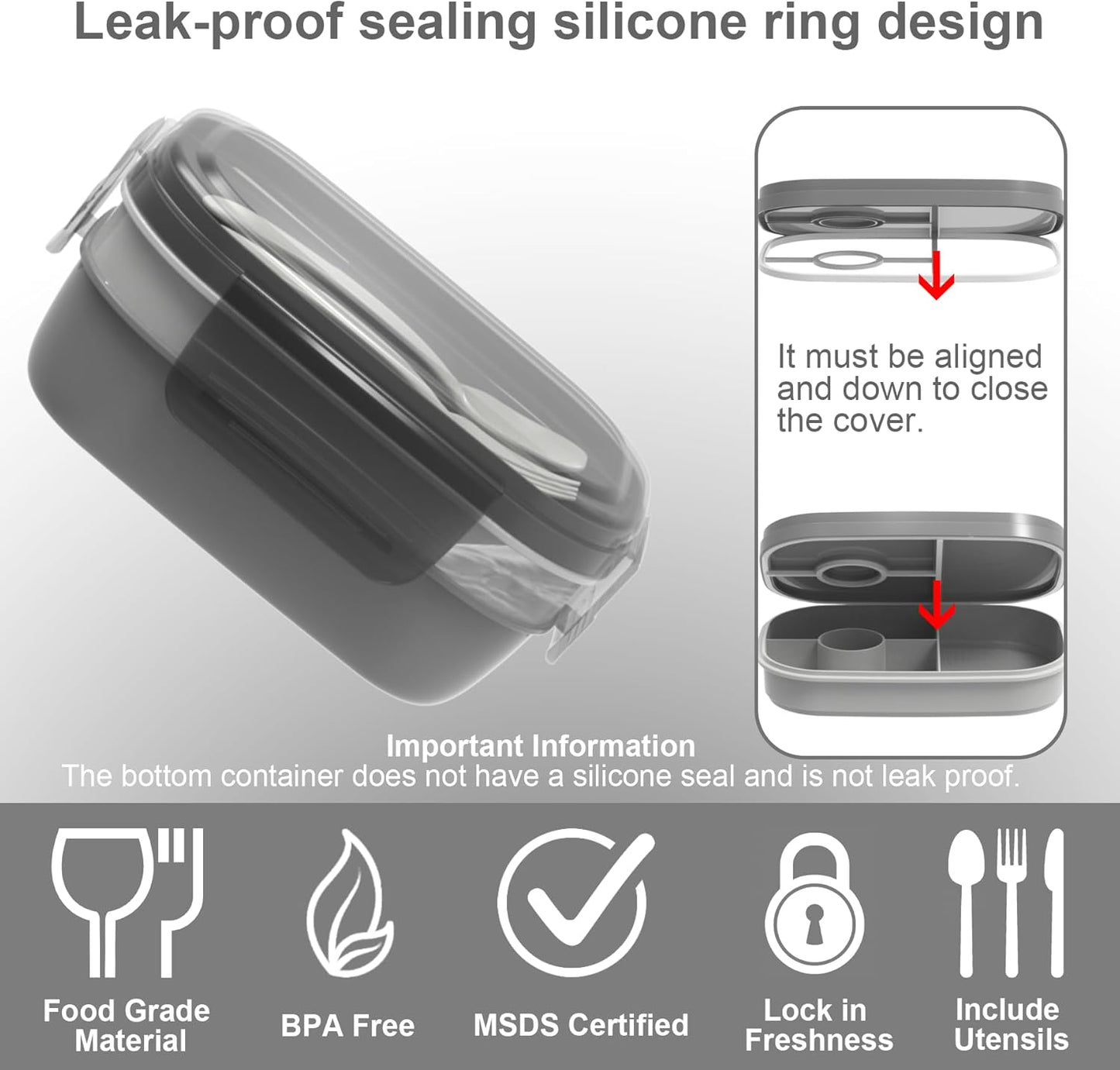 JBGOYON® Bento Lunch Box Set - 3 Stackable Containers for Adults and Kids- Includes Lunch Bag, Leak-Proof and BPA-Free - Built-in Utensil Set and Snack Bag - Dishwasher Safe(Grey Black)