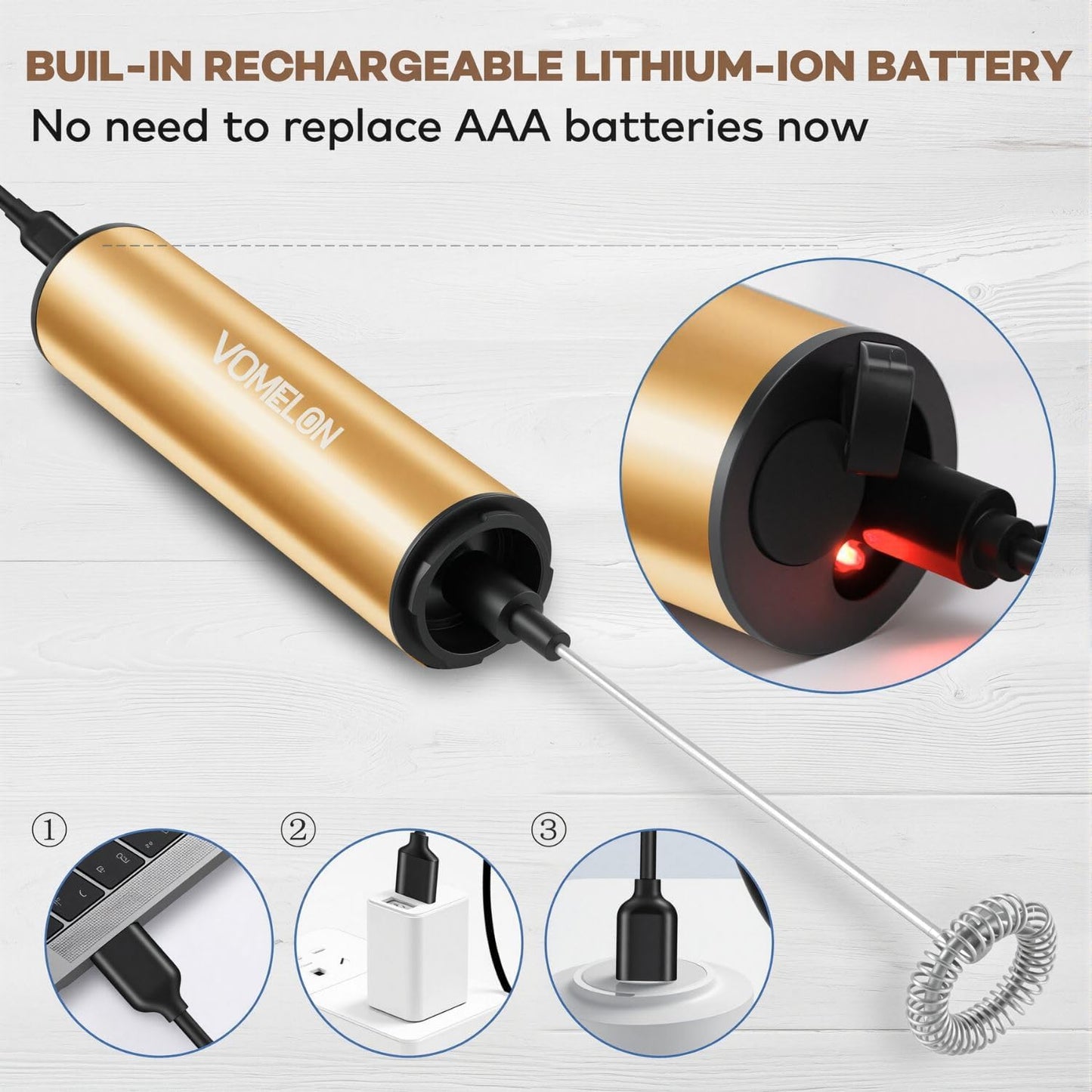 Rechargeable Electric Milk Frother Handheld,2-Speed Travel Frother with Tube Case, Milk Foamer Coffee Frother for Latte, Cappuccino, Drink Mixer with 2 Stainless Whisks and Charger Golden