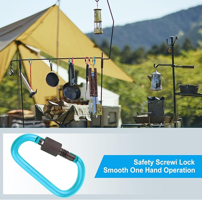 10 Pack Aluminum D Ring Key Rings Hiking Clips Locking Carabiner for Hiking Camping Fishing and Outdoor Use，Clips with Screw Gate Multicolored