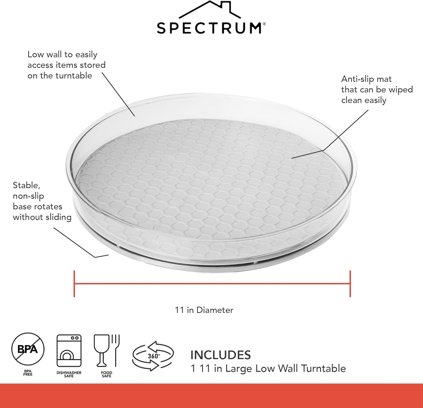 Spectrum Large Lazy Susan Organizer 11 in for Large Cabinet Fridge Pantry Table Shelf Bath Kitchen Organization, Oyster Gray Rotating Turntable Spinning Storage for Condiments Spice Bottles