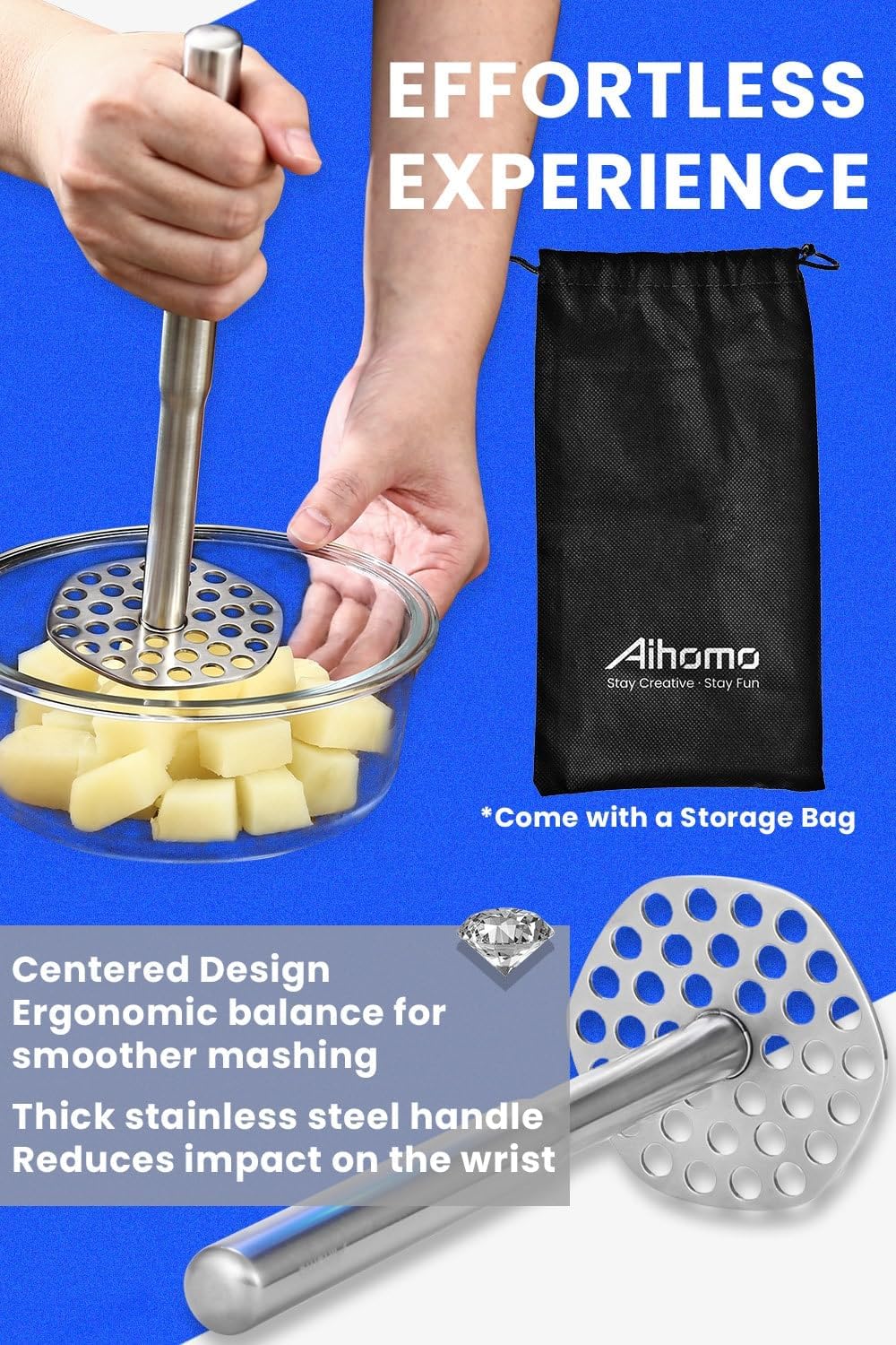 316L Stainless Steel Potato Masher Heavy Duty, Durable One-Piece Design Masher Kitchen Tool, Rustproof Potato Smasher for Mashing Potatoes, Beans, Avocados, Fruits & Vegetables, Dishwasher Safe