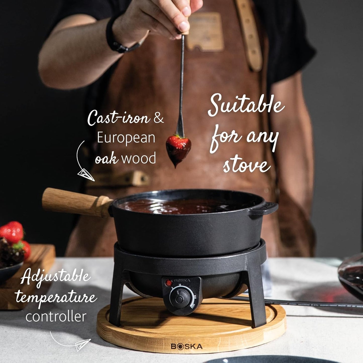 BOSKA Electric Fondue Set Pro/For Cheese, Chocolate and Broth Fondue / 8 people/Robust Cast-Iron/High Quality Materials/Splash Guard Included/Extra-long Cord/Black