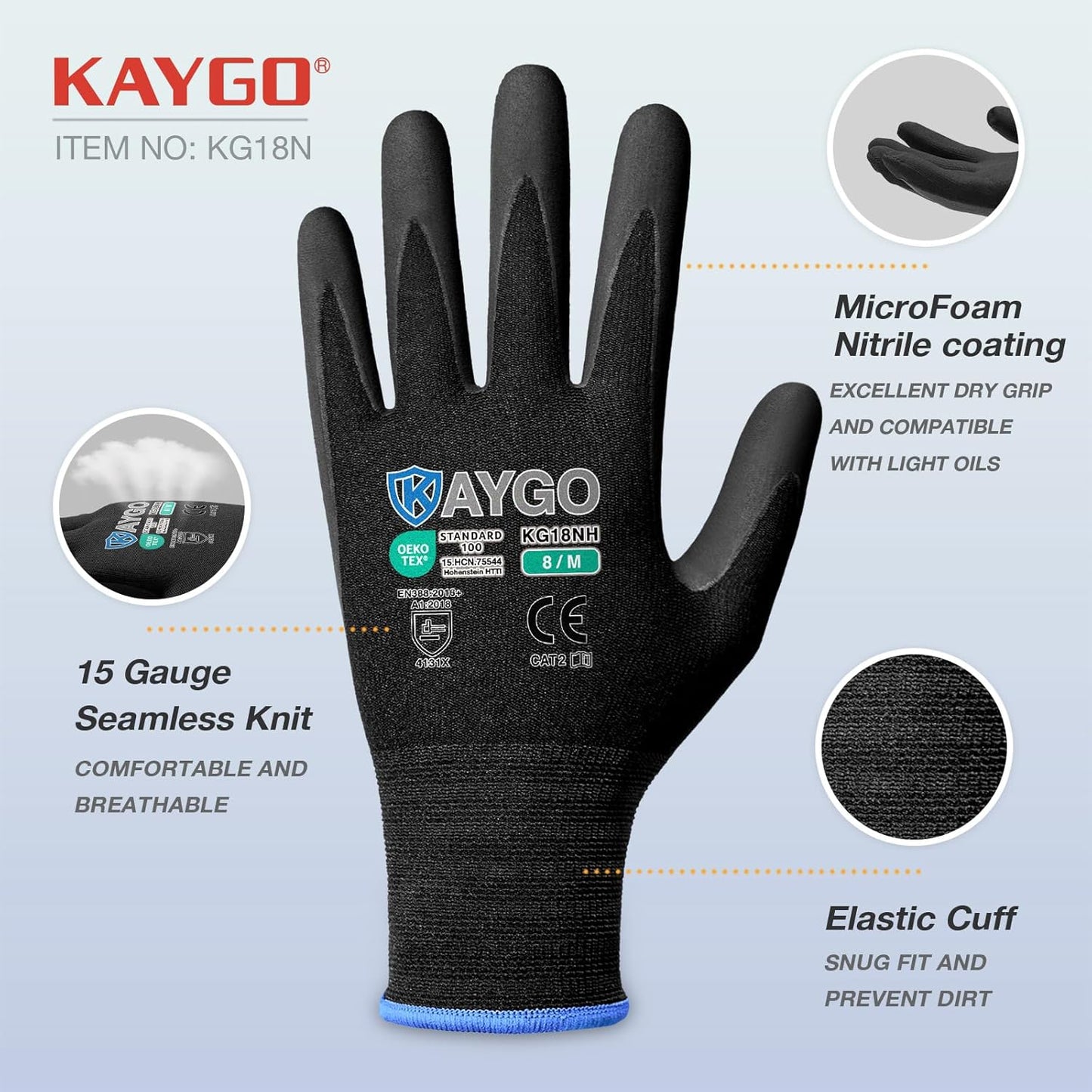 KAYGO Safety Work Gloves MicroFoam Nitrile Coated, 12 Pairs KG18NB,Seamless Knit Nylon Glove with full fingers Touchscreen, Ideal for Automotive,Warehouse,Construction (Medium, Black)