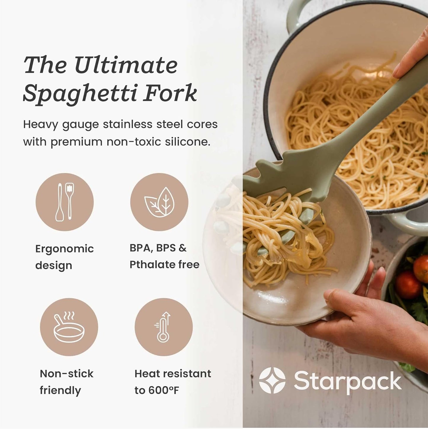 Starpack 'Forking Good' XL Premium Silicone Pasta Fork (13.5") - Spaghetti Spoon High Heat Resistant to 600°F - Silicone Pasta Spoon Strainer - Pasta Server Spoon with Teeth - Pasta Server Utensil