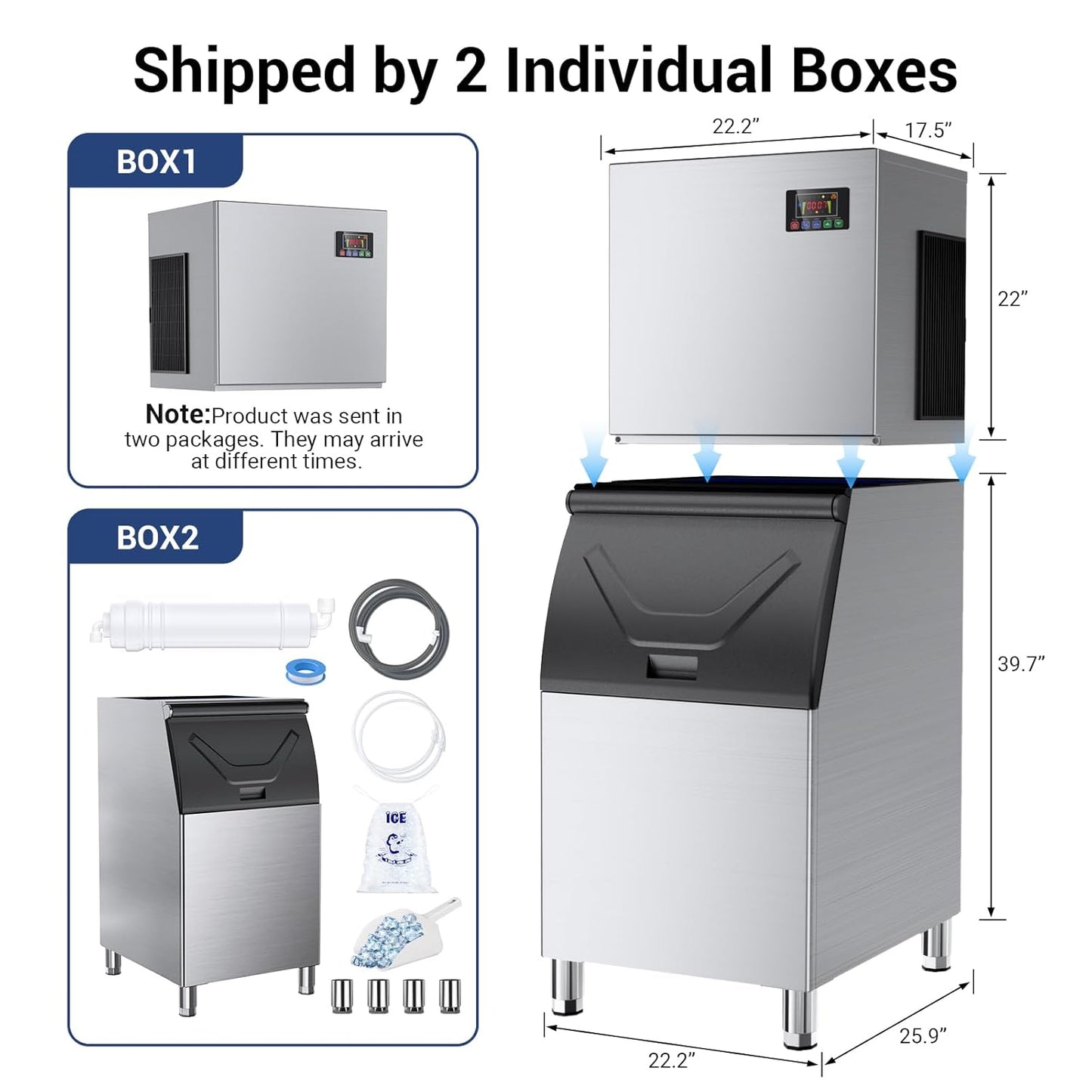 Commercial Ice Maker Machine 550lbs/24H, Ice Ready in 5-15 min, 360lbs Large Storage Bin, Stainless Steel Ice Machine with Water Line Hookup, 12 Adjustable Ice Thicknesses