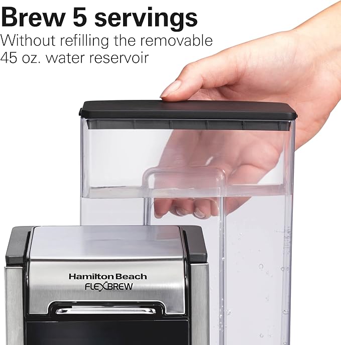 Hamilton Beach FlexBrew Advanced 4-in-1 Single Serve Hot & Iced Coffee Maker with Removable 45 oz. Water Reservoir, Use Pod Packs and Grounds, Fast Brewing, LED Touchscreen, Black (49925)