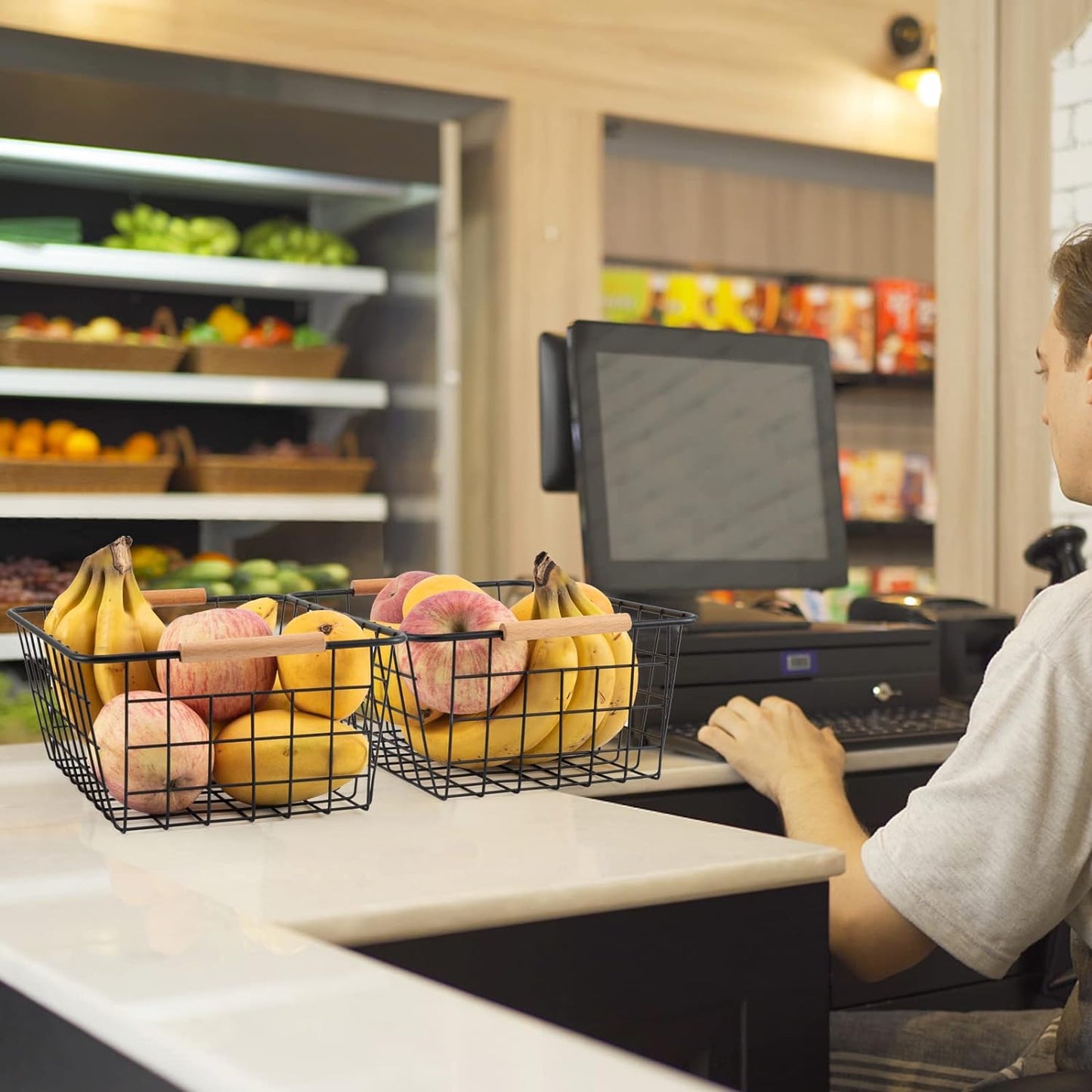 Wire Basket 4 Pcs Wire Storage Baskets Wire Baskets Organizing with Wooden Handles Wire Basket Pantry Organization and Storage Metal Wire Food Storage Basket for Kitchen, Cabinets (Black 4PCS)