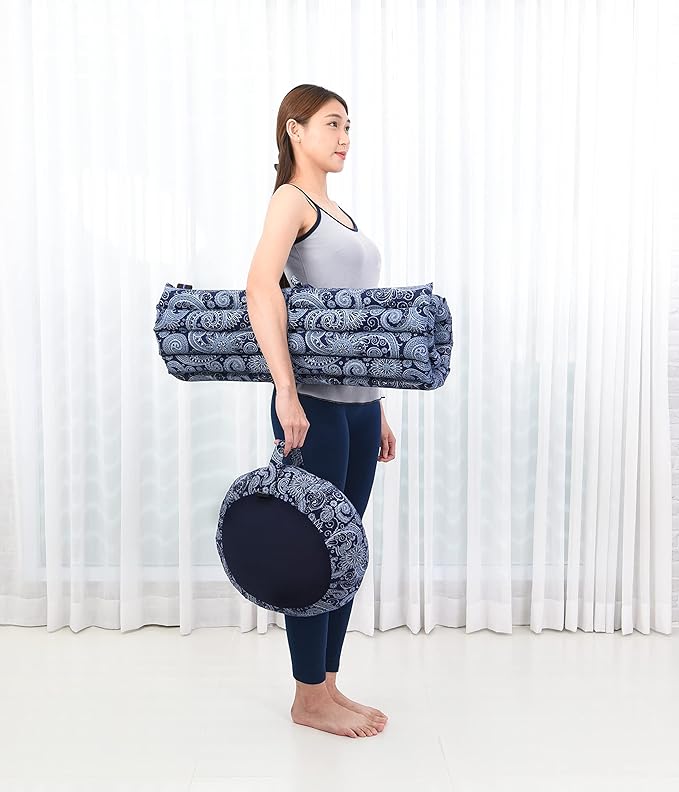 Leewadee Meditation Cushion Set – 1 Round Zafu Meditation Pillow and 1 Square Roll-Up Zabuton Meditation Mat, Pillows Bundle Filled with Kapok