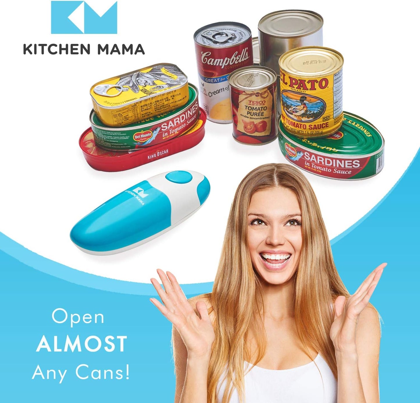 Kitchen Mama Auto Electric Can Opener: Safe, Easy with One Touch, Smooth Edge, Battery Operated, Cordless, Automatic Can Opener for Seniors with Arthritis, Hand Free Appliances, YES YOU CAN (Sky Blue)