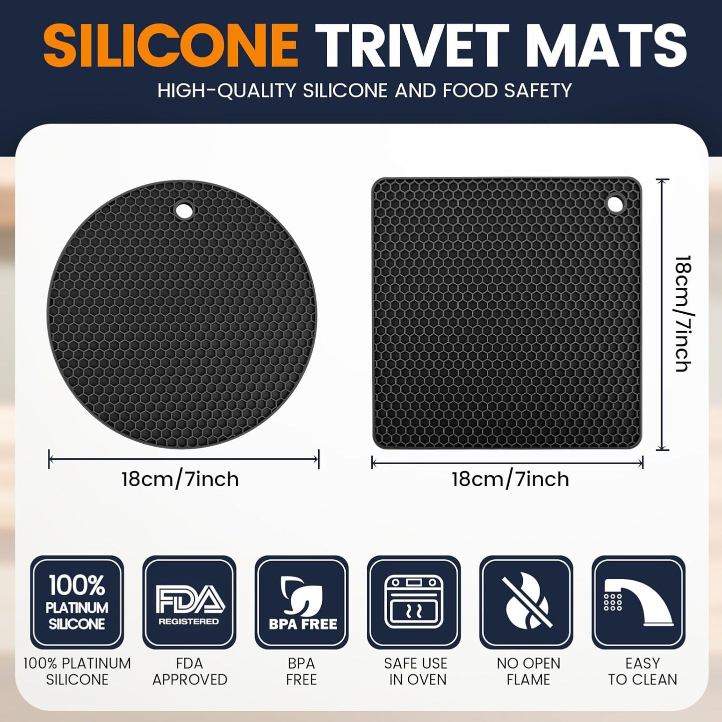 Silicone Trivet Mats 4 Heat Resistant Pot Holders Multipurpose Non-Slip Hot Pads for Kitchen Potholders, Drying mat, Jar Opener, Spoon Holder, Coaster(Black)