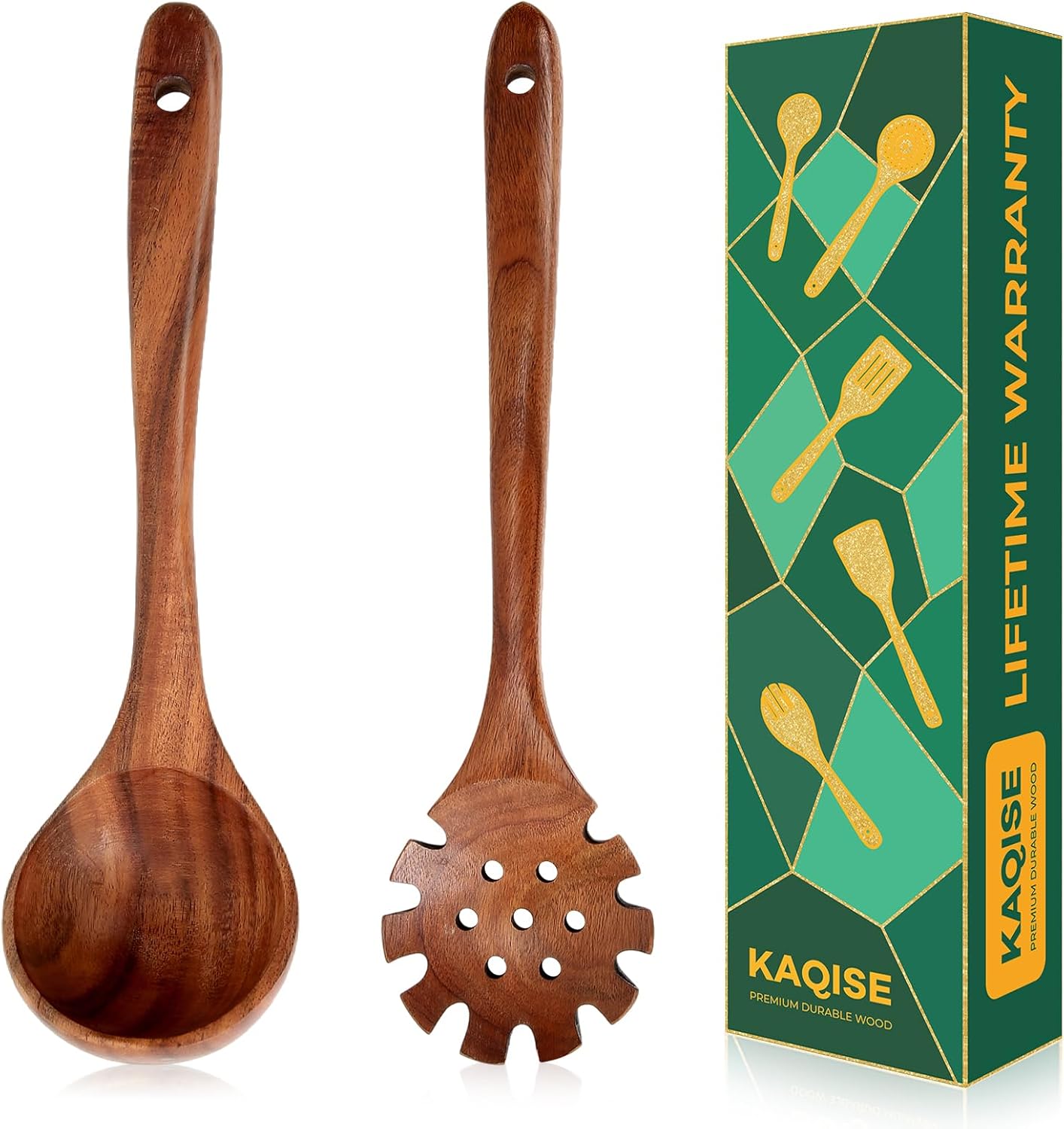 Wooden Spoons for Cooking, Teak Wooden Utensil Set, 2Pcs Kitchen Utensils, Large Cooking Spoons for Soup and Pasta Serving Mixing (Ladle & Pasta Scoop Strainer)