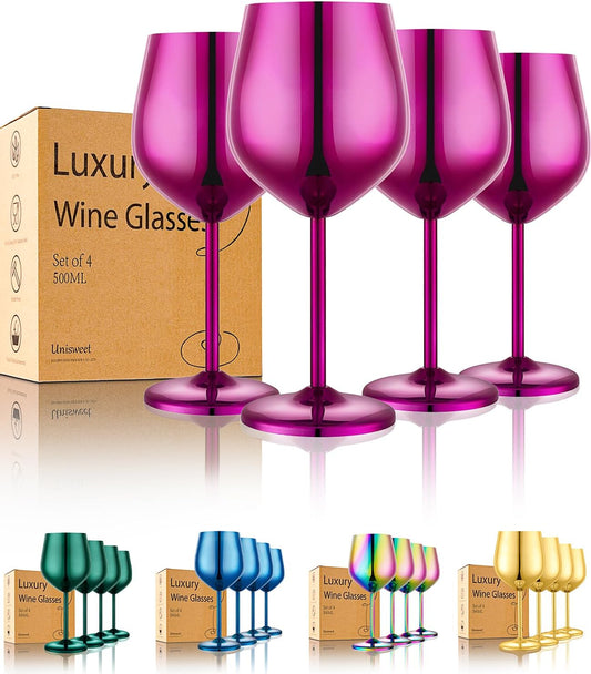 Stainless Steel Wine Glasses Set of 4 Unbreakable Purple Wine Glass 18 oz Unique Metal Wine Goblets for Outdoor, Travel, Camping, Pool, Ideal Gift for Wine Lovers