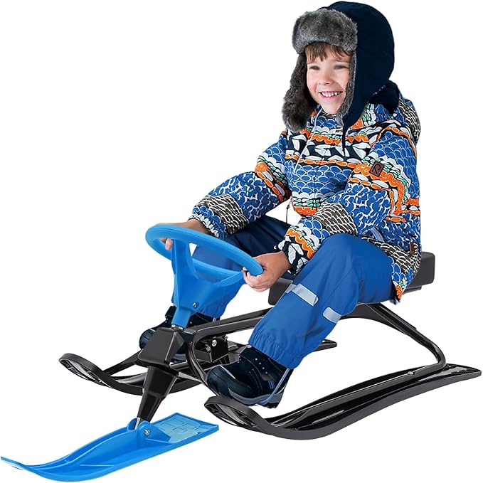 Snow Racer Sled for Kids, Dual Brakes Snowmobile Sled Ski with Steering Wheel, Snow Sledge for Skiing, Ice Skating, Sand Skating, Single Rider 45 x 20 x 15 inches