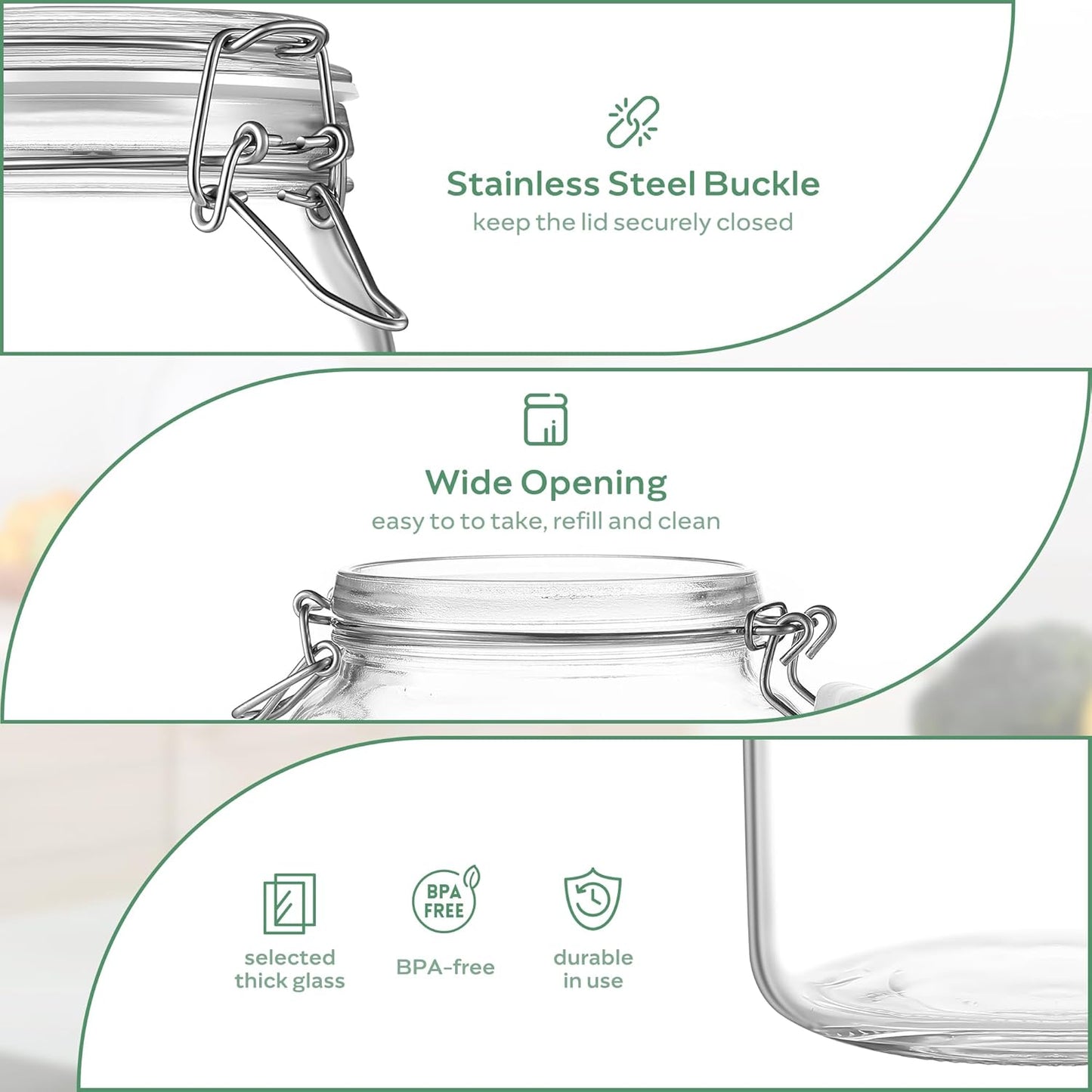 Glass Food Storage Jars with Airtight Lids 25 oz Square 4 Pack Kitchen Storage Containers Cabinet Canisters Sealed Pot Canning for Pasta, Cereal, Coffee, Beans, Spice