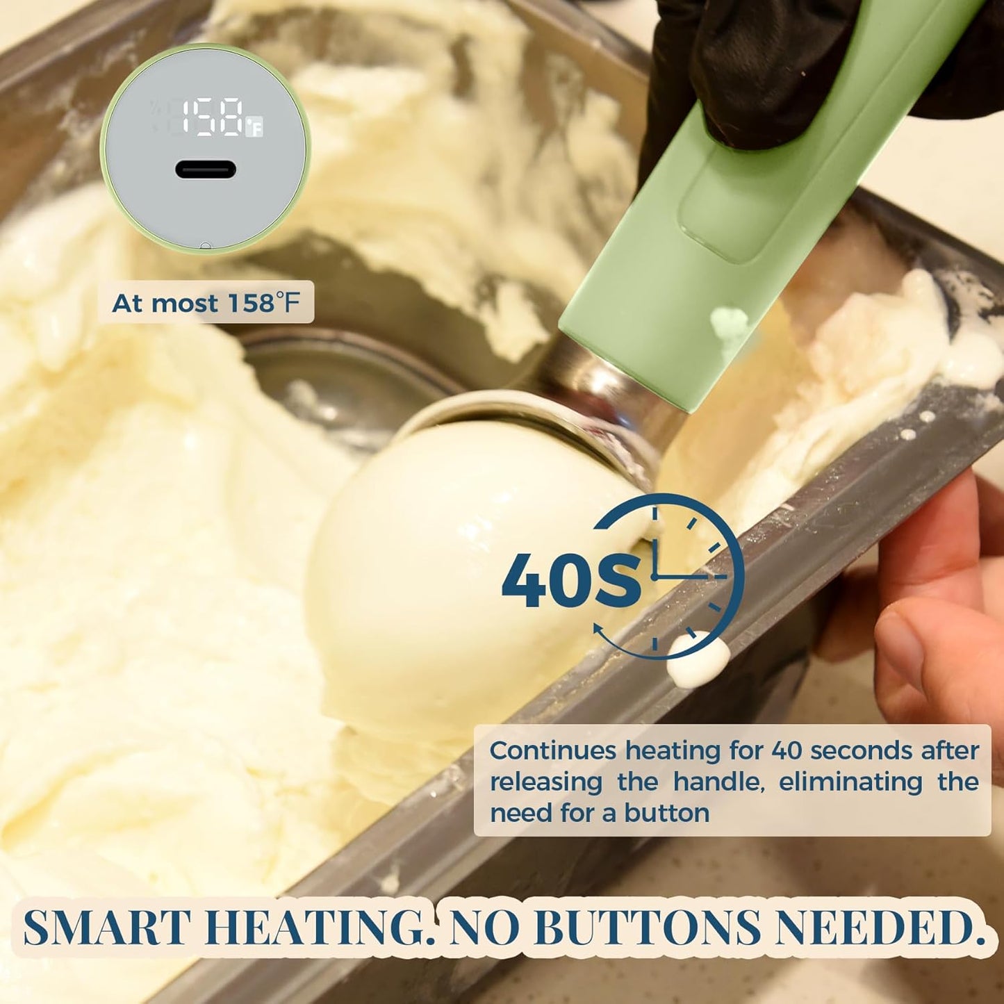 Heated Ice Cream Scoop Rechargeable, Electric Warming Ice Cream Scooper with LED Display, Heats to 158°F for Hard Ice Cream, Easy for Seniors & Kids, IP67 Waterproof (Pistachio Green, 2oz)