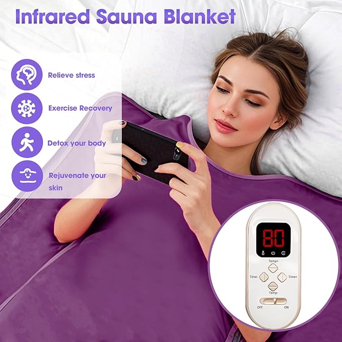 Natural Jade and Tourmaline Heat Far Infrared Sauna Blanket with Remote Control for Exercise Recovery Heating Detox 2-Zone Double Zipper Digital Display Portable Saunas for Home Relaxation