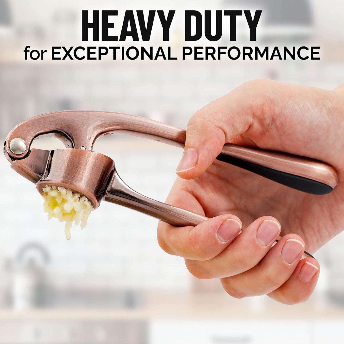 Zulay Kitchen Premium Garlic Press Set - Rust Proof & Dishwasher Safe Professional Garlic Mincer Tool - Easy-Squeeze, Easy-Clean with Soft, Ergonomic Handle - Silicone Garlic Peeler & Brush (Copper)