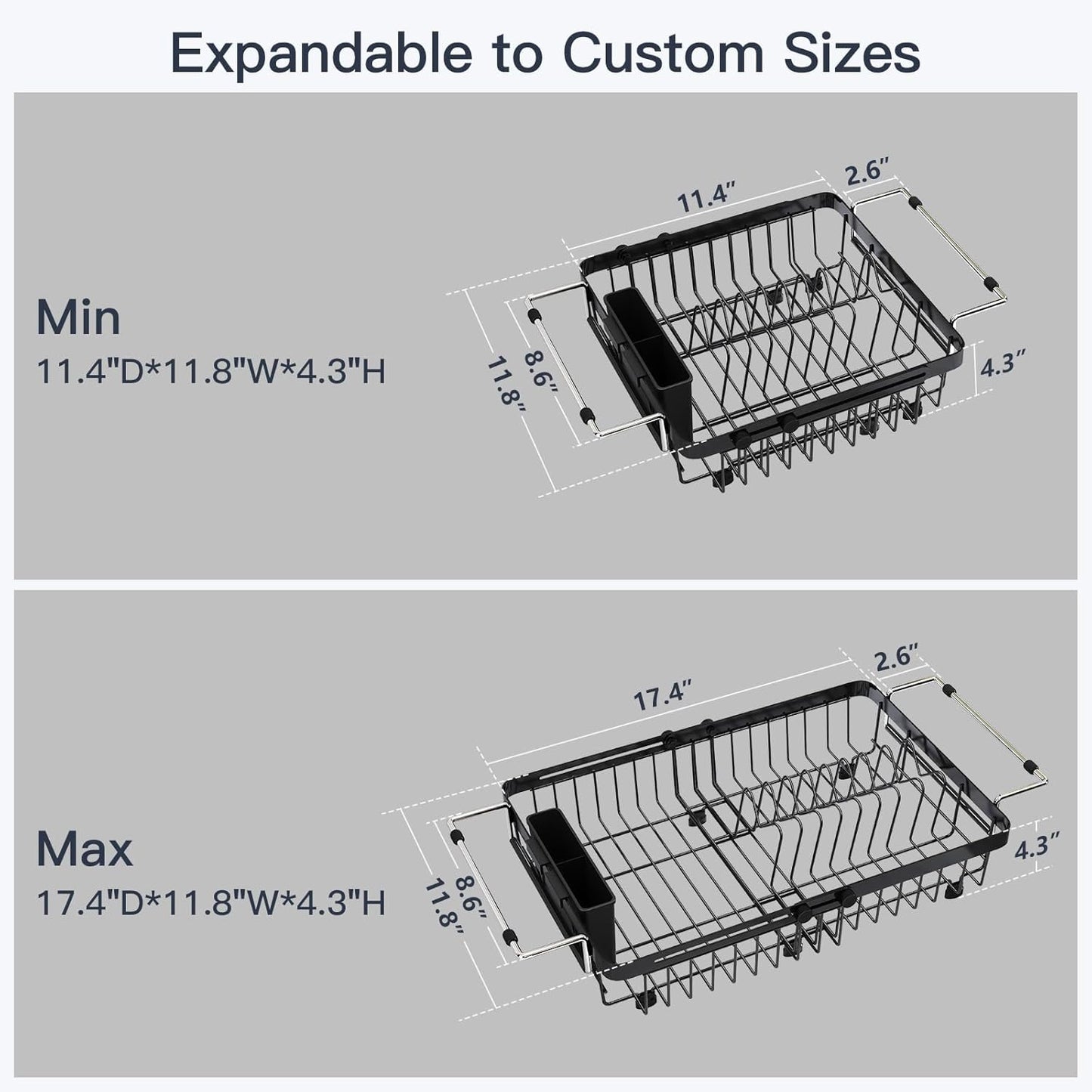 Small Expandable Over The Sink Dish Drainer Drying Rack In Stainless Steel Metal For Kitchen, Counter Space Saving Black Compact Above Plate Dryer Strainer, Adjustable Hanging Inside Sink Drain Holder