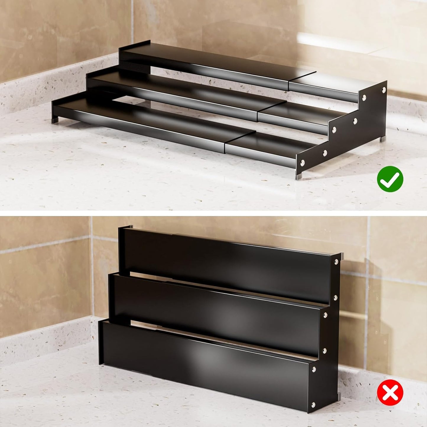 Premium Spice Rack Organizer for Countertops - 3-tier space-saving kitchen organizer for spice jars, oil bottles and utensils 1 Pack Black (modern rust-resistant design)