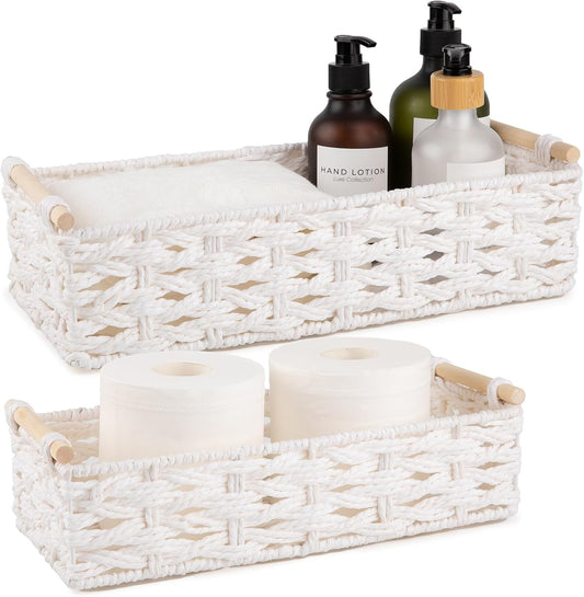 OIAHOMY Toilet Paper Baskets Handmade Paper Rope Decorative Wicker Storage Tank Shelf Cabinet Organizer for Bathroom Home, Set of 2, White