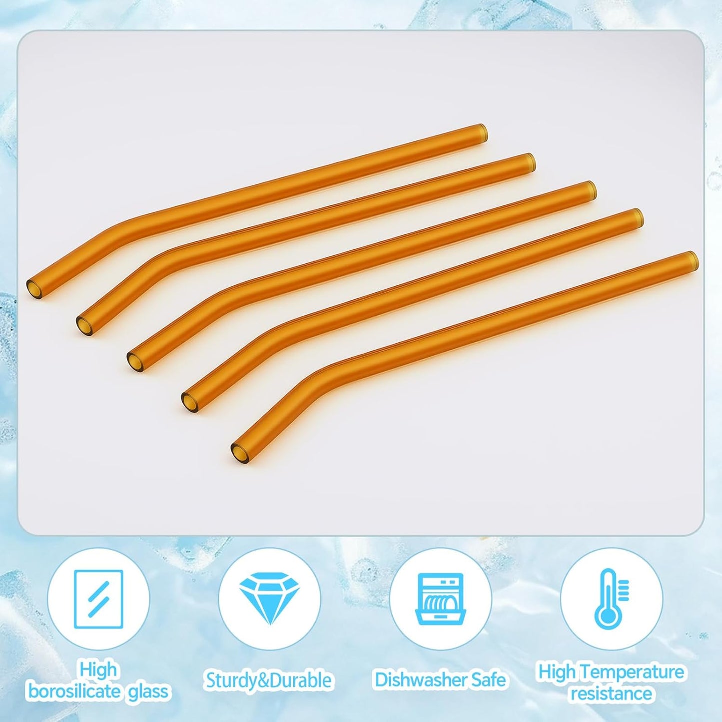 12 Pcs Reusable Glass Straws 8"x 8 mm Bent Glass Drinking Straws with Cleaning Brush for Tea, Smoothies, Milkshakes, Juices,Beverages(amber)