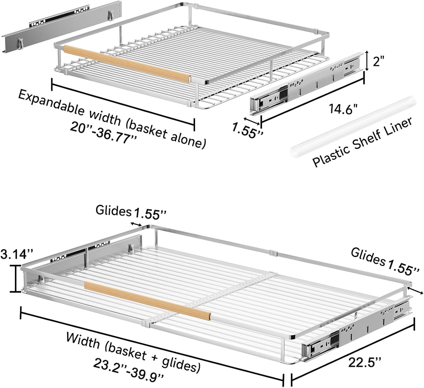 1Pack Expandable Pull Out Cabinet Organizer, Slide Out Drawers for Kitchen Cabinets, Heavy Duty Drawer Slides for Home Kitchen Pantry Cupboard Pots Pans, Adjustable Width 23.2"~39.9" W x 22.5''D