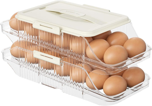 Automatic Rolling Egg Holder for Fridge, Clear Plastic Egg Organizer with Handle for Refrigerator, Egg Container for Kitchen Storage, 2 Row 2 layers