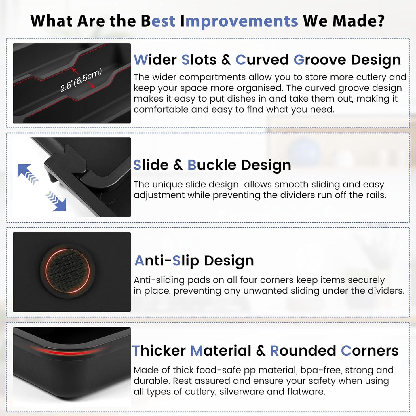 Caperci Large Silverware Organizer for Kitchen Drawer & Utensils - Expandable Drawer Organizer for Cutlery, Flatware & Gadget, BPA-Free Thick Plastic, Wider Compartments & Non-skid Feet (Black)