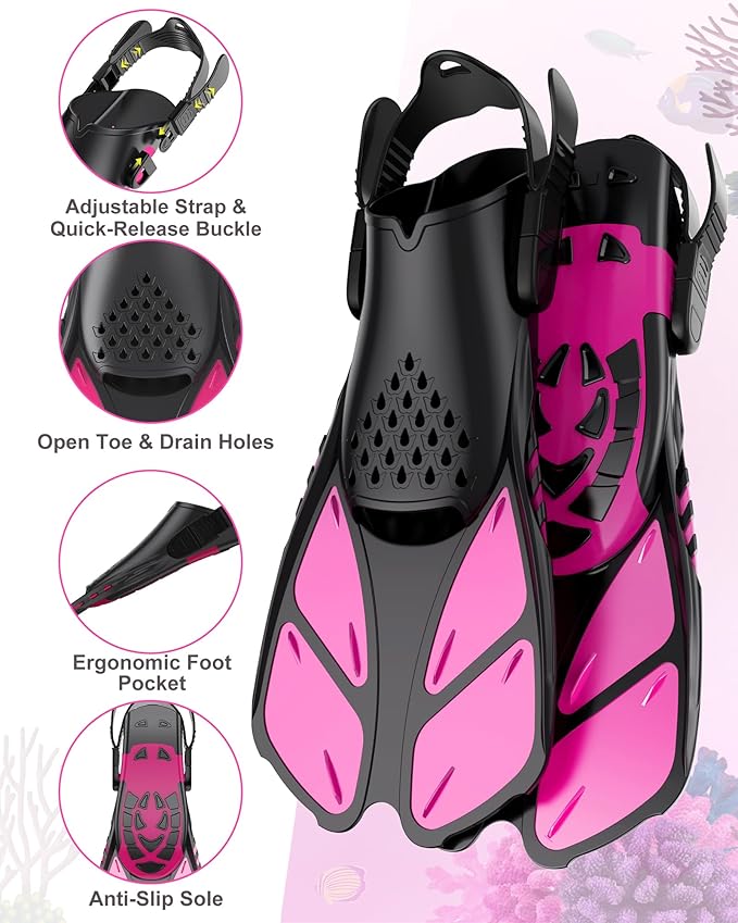 Mask Fins Snorkeling Gear for Adults, Full Face Snorkel Mask & Adjustable Swim Fins Snorkel Set, Panoramic View Snorkel Mask Dry Top Anti-Fog Anti-Leak
