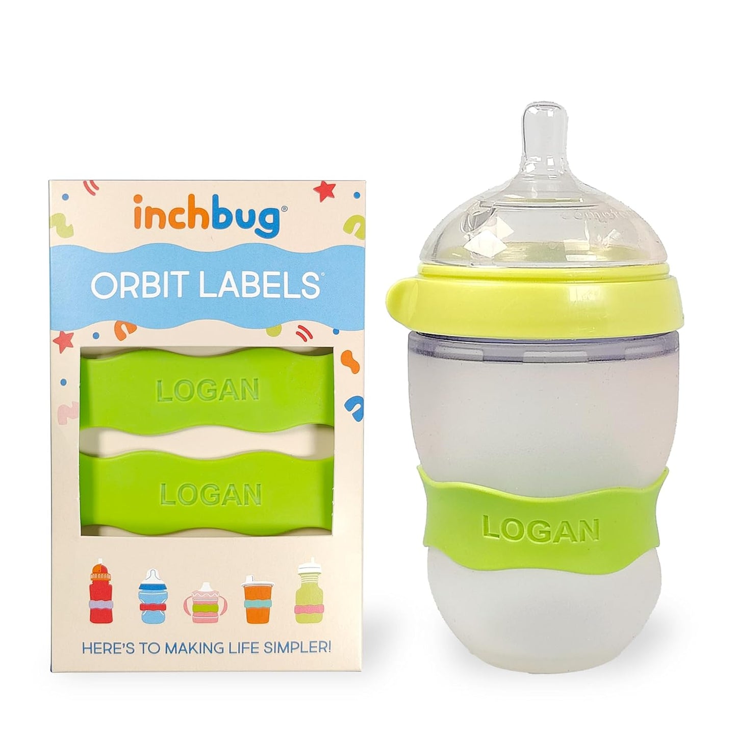 InchBug Orbit Labels - Baby Bottle Name Labels for Daycare, Sippy Cup Bands - Engraved Silicone, Reusable, Dishwasher Safe, Matching Color Personalization, 4-Pack (Kiwi Green)