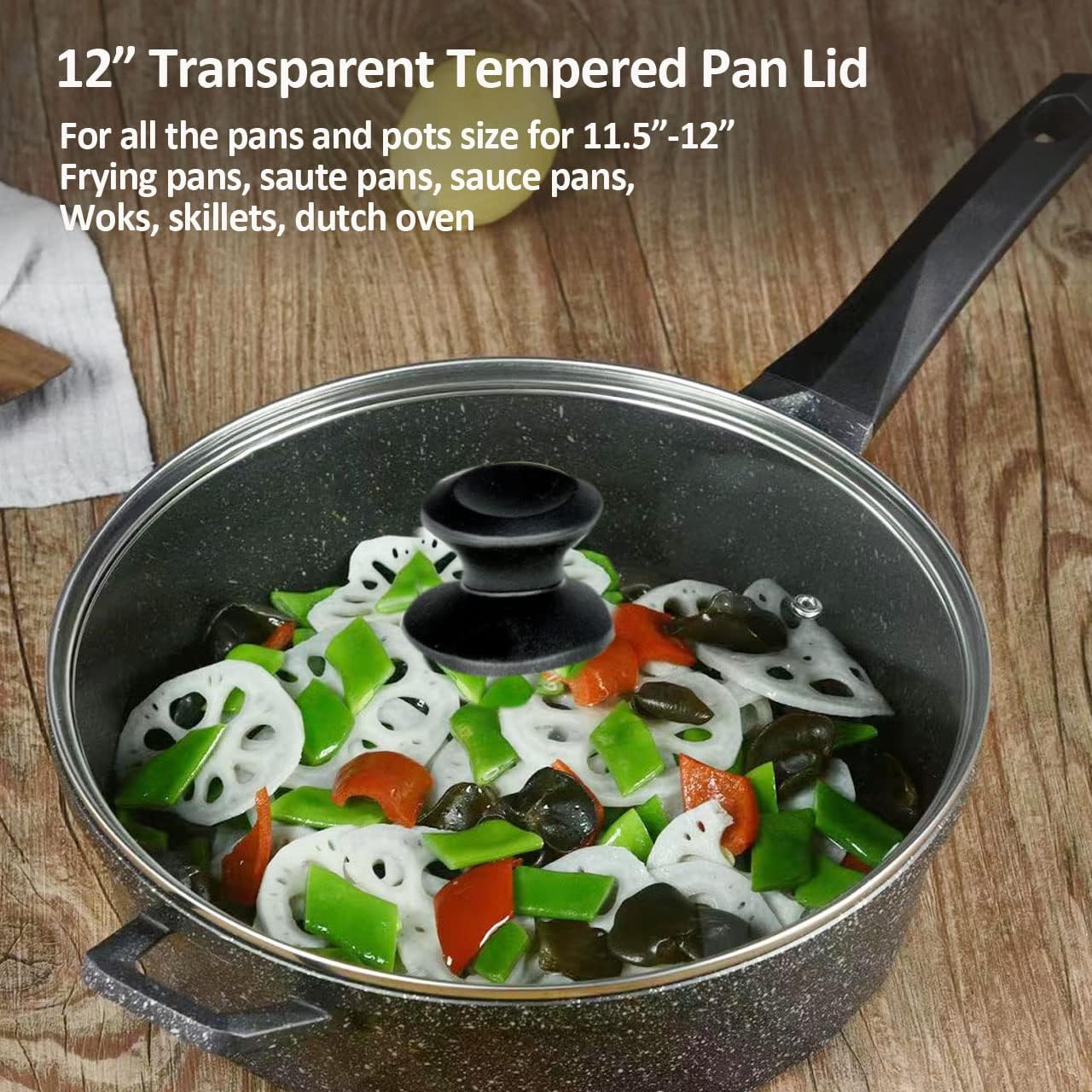 12" Glass Lid for Frying Pan, Tempered Replacement Cover Compatible with All 12 inches Cookware for Skillets, Round Cast Iron, Cast Aluminium, Stainless Steel Pans &Pots