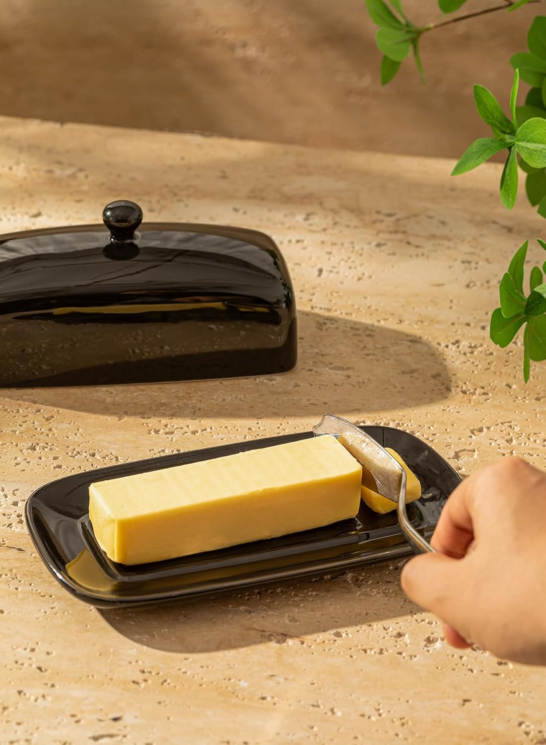 Sweese Butter Dish with Lid, Porcelain Butter Keeper, 7.8 Inch Butter Holder with Handle Cover, Butter Container Perfect for East West Coast Butter, Black