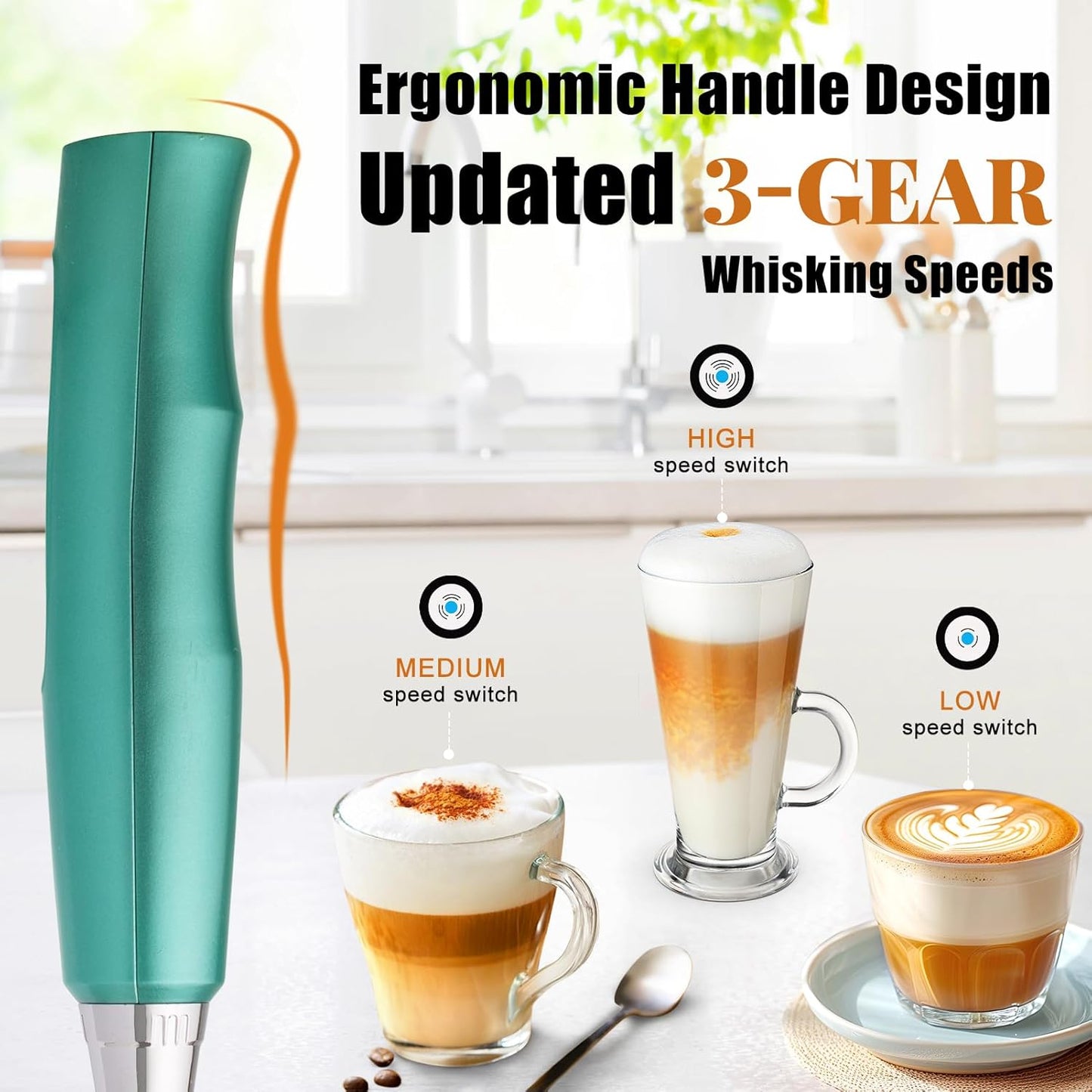 Nahida Green Milk Frother Wand for Coffee, Frother Handheld Rechargeable Electric Whisk with 3 Heads 3 Speeds Drink Mixer Coffee Frother Foam Maker For Latte, Cappuccino, Hot Chocolate, Egg